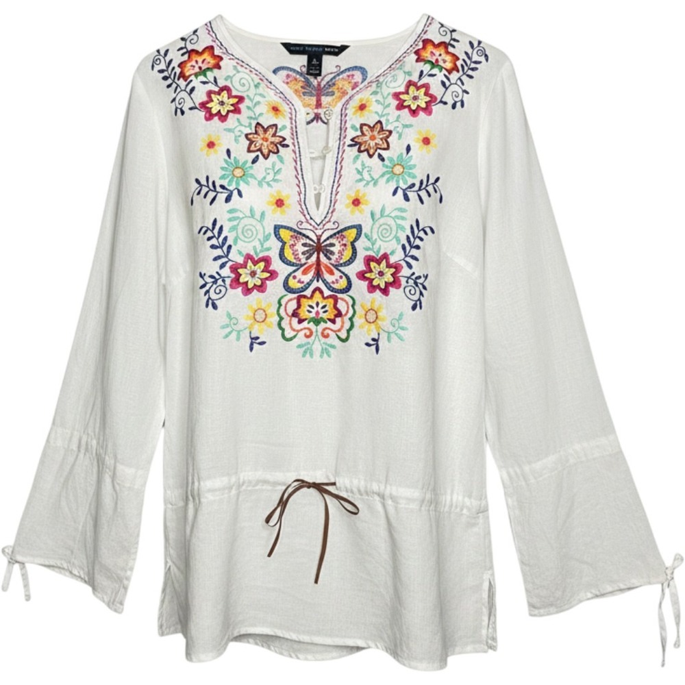 Saint Tropez West Embroidered Tunic Women L White Boho Floral Flawed